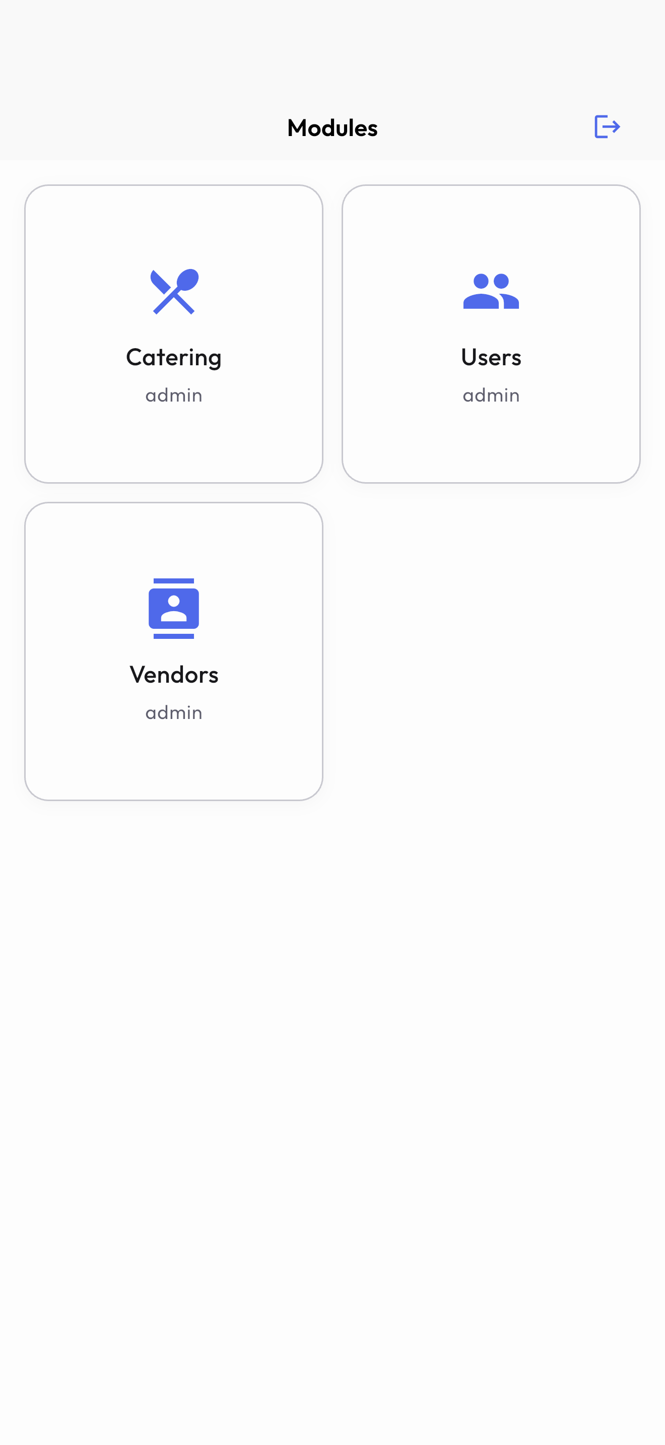 Zento home screen showing Catering, Users, and Vendors modules
