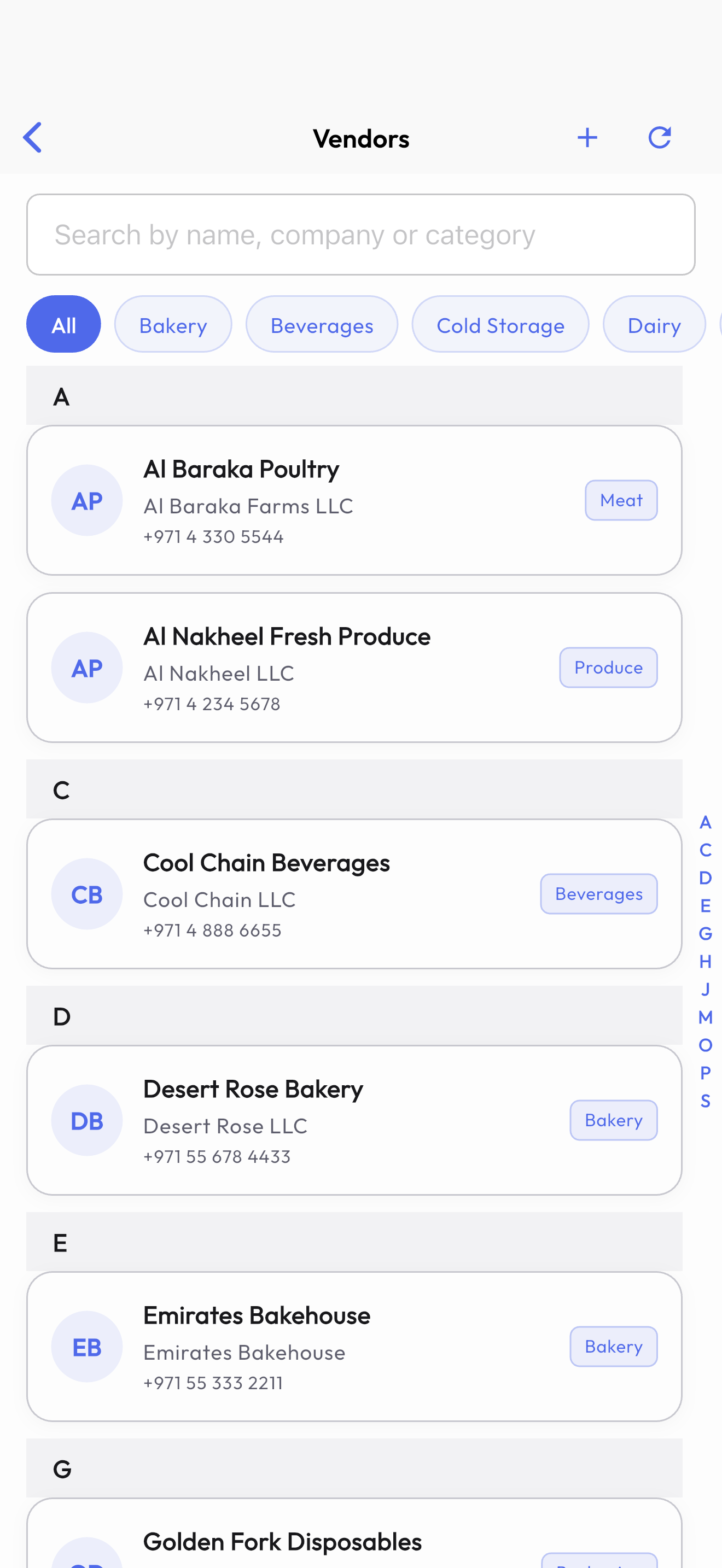 Vendor directory with search and category filters