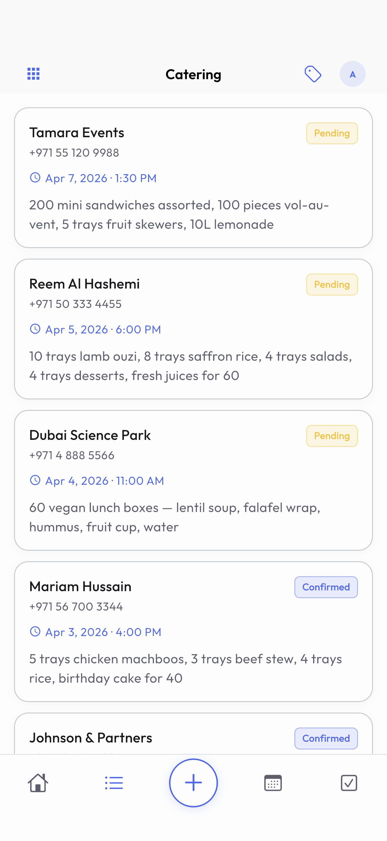 Full list of catering orders with status badges